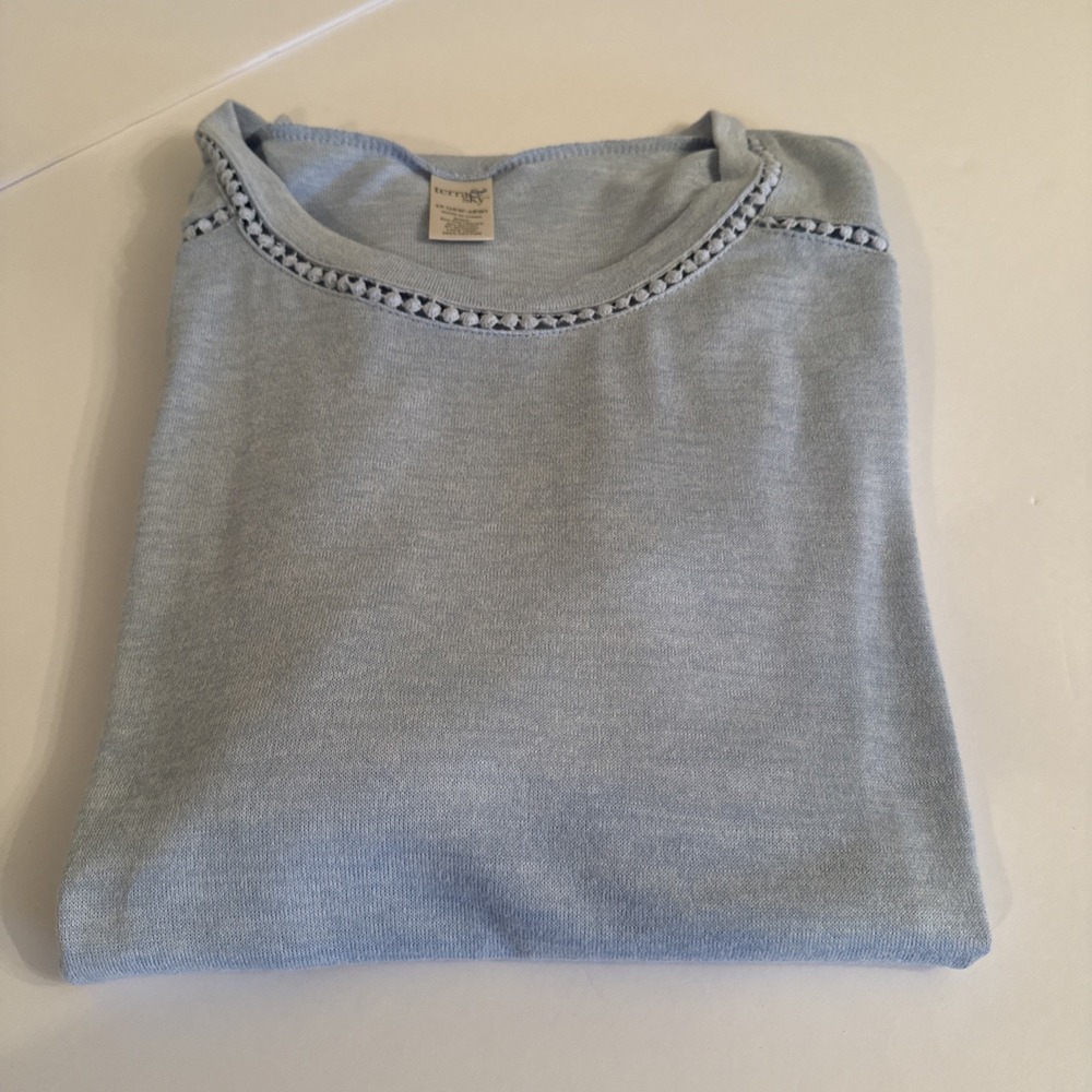 Terra & Sky Light Blue Lace Trim Elbow Sleeve Knit Top Plus Size 1X 16W-18W